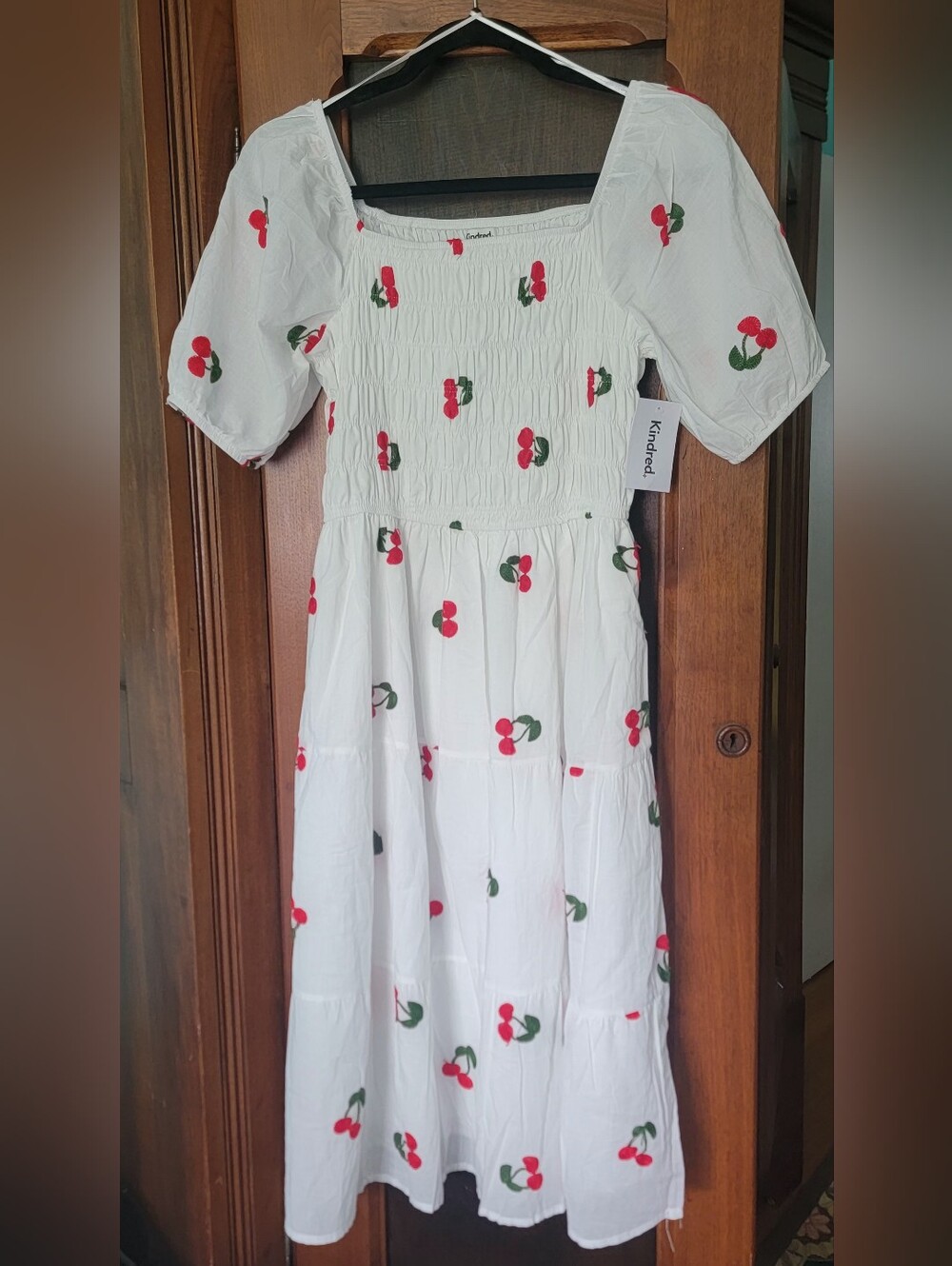 Women's Smocked White Puff Sleeve Dress With Embroidered Cherries Sz-L